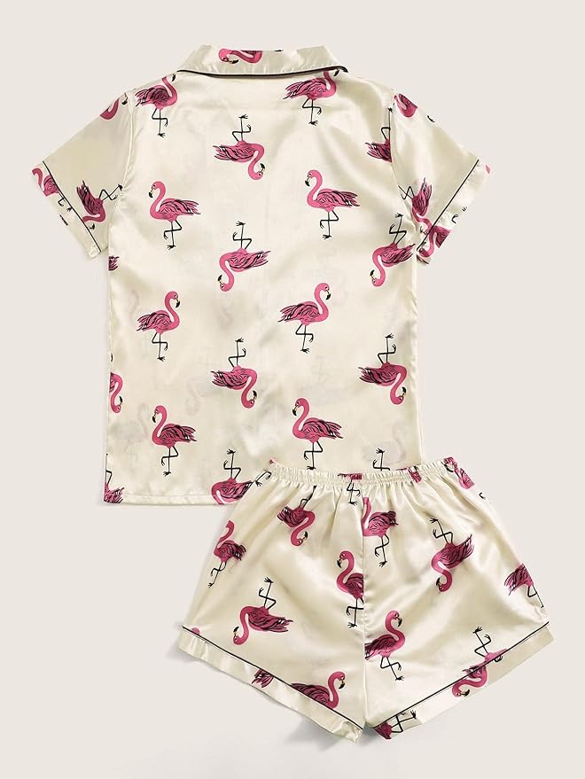 WDIRARA Women's Sleepwear Satin Short Sleeve Shirt and Shorts Pajama Set