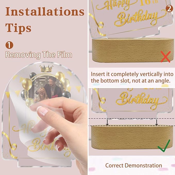 Customized Birthday Gifts Personalized Acrylic LED Night Light Lamp Plaque Custom Photo Name Age Birthday Gifts for Women Men(B-Black and Gold)