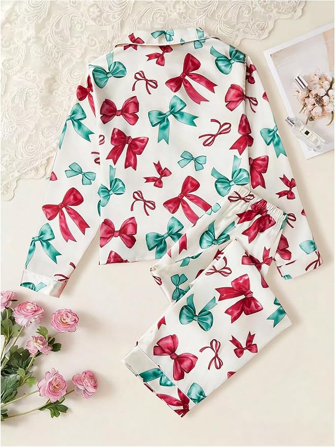 WDIRARA Women's 2 Piece Bowknot Print Satin Pajama Set Long Sleeve Button Down Lounge Pants Sleepwear Sets