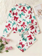 WDIRARA Women's 2 Piece Bowknot Print Satin Pajama Set Long Sleeve Button Down Lounge Pants Sleepwear Sets