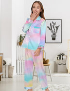 EPLAZA Kids Satin Pajamas Sets Girls Boys Button-Down Silky Pajamas Sleepwear with Hairband Eye Mask Hair Tie