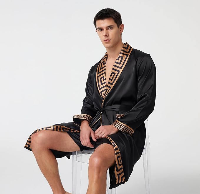 Tony & Candice Men's Satin Robe Lightweight Long Sleeve Silk Kimono Bathrobe with Shorts Set Sleepwear