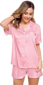 LecGee Womens Silk Satin Pajamas Short Sleeve Loungewear Two-Piece Sleepwear Button-Down Pj Set