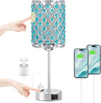 Hong-in Blue Lamps for Night Stands-Crystal Table Lamp with USB-C+A & AC Charging Ports, 3-Way Dimmable Nightstand Touch Lamp, Bedside Desk lamp for Bedroom Living Room Home Office