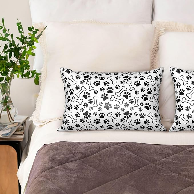 Silk Like Pillowcase for Hair and Skin Black Paw Prints and Bones 1 Pack Satin Pillowcase with Hidden Zipper Soft Breathable Smooth Cooling Pillow Cover Queen Size for Bedroom Sofa 20”x30”