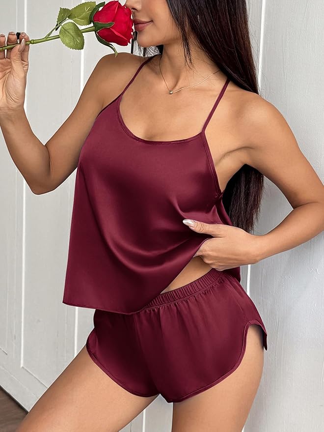 Ekouaer Silk Pajamas Set for Women Satin Backless Lingerie Pjs Cami Top and Shorts Nightwear