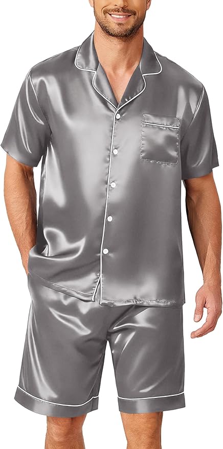 Ekouaer Mens Pajamas Set Silk Satin Sleepwear Short Sleeve Button Down Pjs Set 2 Piece Loungewear with Pockets S-XXL