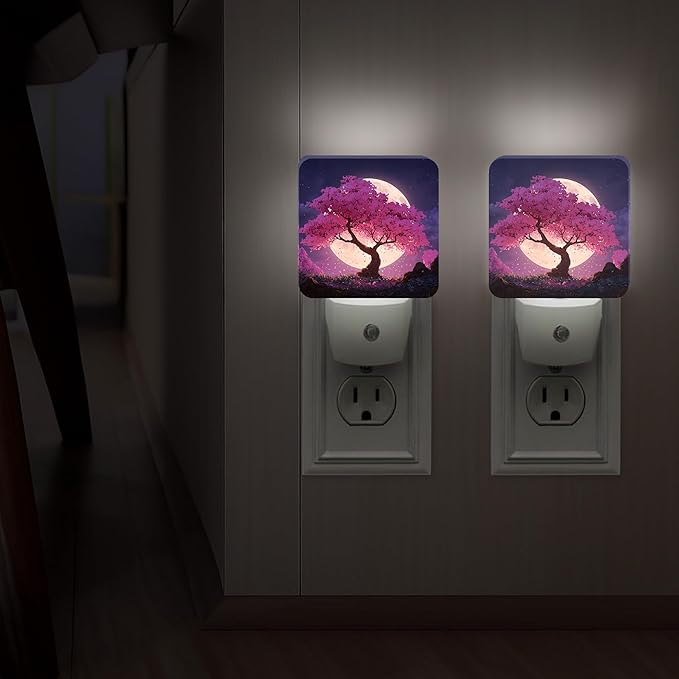 Cherries Blossom Night Lights Plug Into Wall, Nature Dreamy Moon Night Sky Spring Peach Dusk to Dawn Led Plug in Lights for Living Room Entryway Kitchen Decor 2pcs