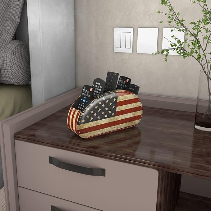 QIELIZI Leather Remote Caddy Desktop Organizer with 5 Spacious Compartments for TV Remotes/Media Controllers/Office Supplies (American Flag)