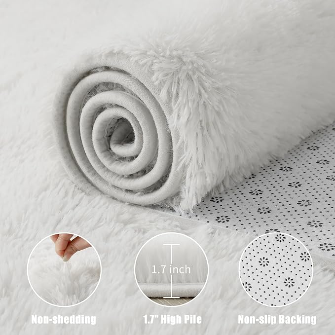 Macgace Fluffy Runner Rug, 2x6 White Washable Hallway Area Rugs for Bedroom Living Room Kitchen Laundry, Long Shag Rug with Non Slip Rubber Backing Fuzzy Entryway Carpet Modern Home Decor