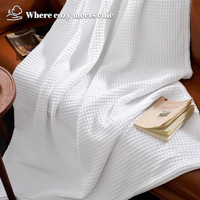 PHF Ultra Soft Waffle Weave Blanket Twin Size 66"x 90"- Washed Lightweight Breathable Cozy Woven Blanket for Bed - Aesthetic Decor for Couch Bedding Sofa Home Car - White