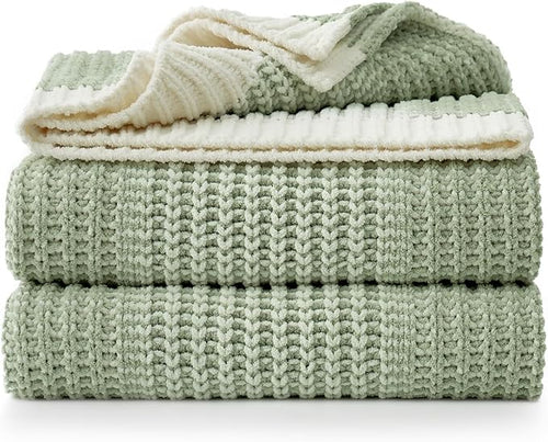 Amélie Home Premium Chenille Throw Blanket, Soft Cozy Luxury Two-Tone Knit Blanket for Couch, Sofa, Chair, Home Decor, Sage Green & Ivory 50"x60"