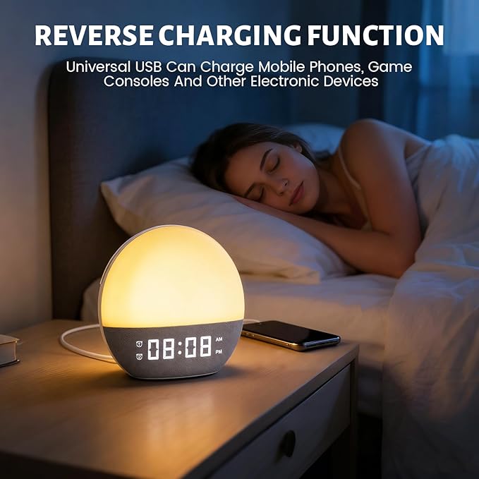 Sunrise Alarm Clock, White Noise Sound Machine USB Charging, Sunrise Lamp for Bedrooms, 10 Natural Wake Up RGB Night Light, 20 Soothing Sounds for Heavy Sleepers, Baby, Kids, Adults
