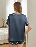 Silk Pajamas for Women Short Sleeve Satin 2 Piece Pj Set Soft V Neck Sleepwear Loungewear, S-XXL