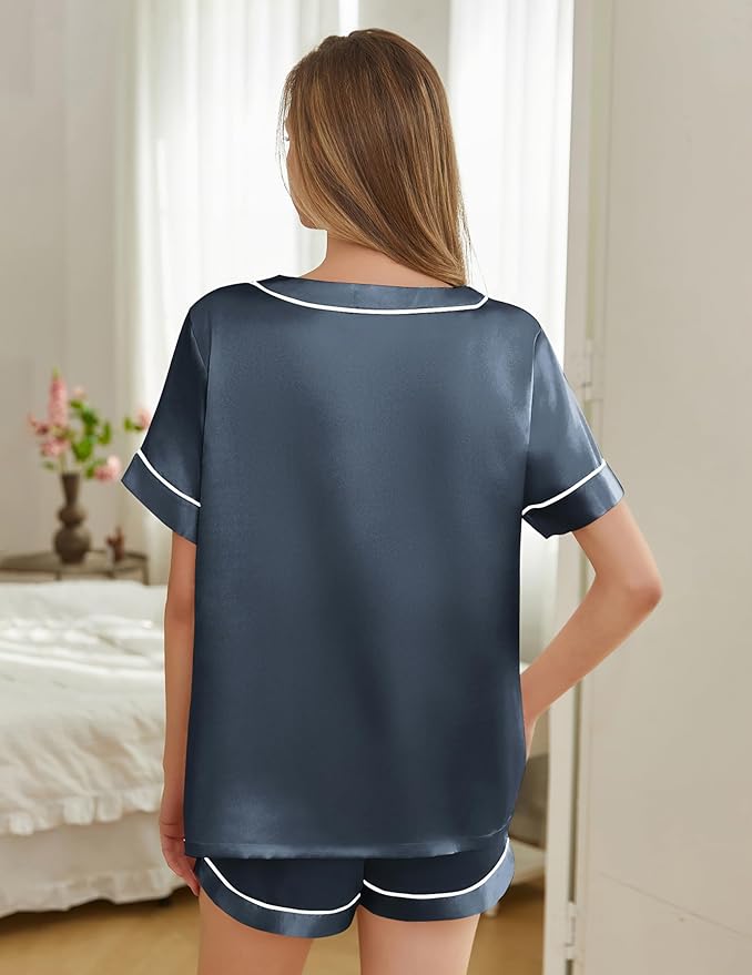 Silk Pajamas for Women Short Sleeve Satin 2 Piece Pj Set Soft V Neck Sleepwear Loungewear, S-XXL