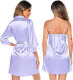 SWOMOG Women's Satin Robe Set 2 Piece Sexy Pajamas Sets Lace Cami Nightgown and Silk Robes Nightwear