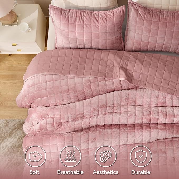 BEDELITE Velvet Quilt Set King Size - Luxury Velvet Comforter Bedding Set 3 Pieces, Lightweight Soft Cozy Rose Pink Oversized Bedspread Coverlet for All Seasons with 2 Pillow Shams
