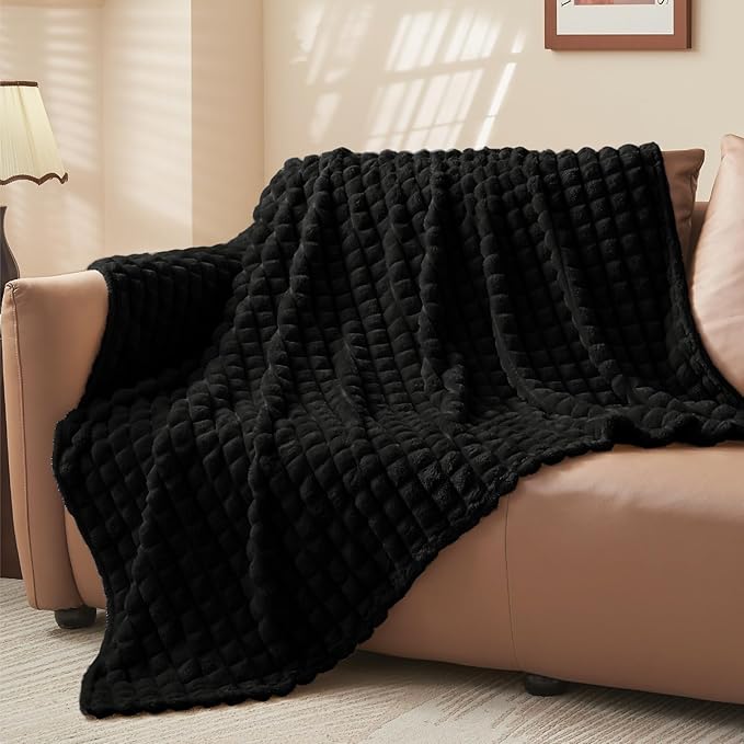 BEDELITE Black Throw Blanket Twin Size for Bed- Super Soft and Warm 3D Checkered Fluffy Fuzzy Fleece Blanket, Luxurious Plush Cozy Blanket for Room Decor Fall and Winter, 60x80 inches