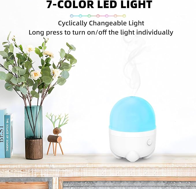 SEEDSEEL 150ML Cordless Battery Powered Essential Oil Diffuser, 7 Hours Run Time,Mini Portable Rechargeable Diffuser with 7 LED Color Changing Lights (White)