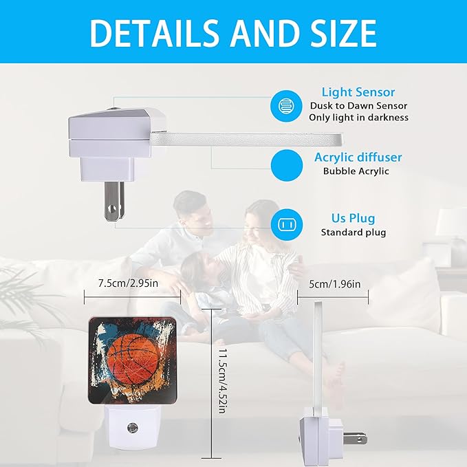 Night Lights Plug into Wall Vintage Grunge Basketball Night Lights Dusk to Dawn Sensor Led Lamp for Women Men,Led Lights for Stairway/Hallway/Bedroom,0.5W