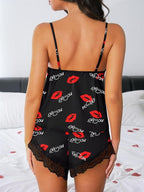 Kolagri Sexy Satin Pajama Set for Women Lace Lingerie Bow Ties Slip Sleepwear Cami Shorts Set Nightwear S-XXL