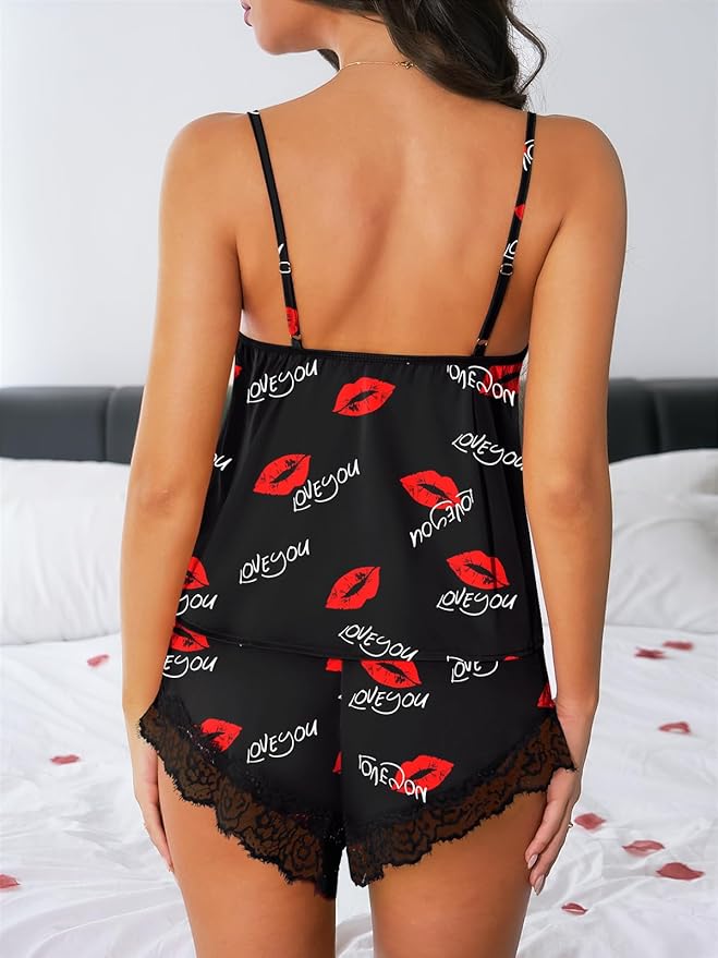 Kolagri Sexy Satin Pajama Set for Women Lace Lingerie Bow Ties Slip Sleepwear Cami Shorts Set Nightwear S-XXL