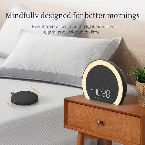 ANJANK Super Loud Alarm Clock with Wireless Bed Shaker, Vibrating Dual Alarm with Light Wake Up for Heavy Sleepers & Hearing Impaired, 9-Color Night Light, 5 Sounds, 0-100% Dimmer, USB Charger