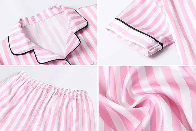 Umeyda Girls Womens Pajamas Set, Satin Silky Button Down Loungewear 2 Piece Short Sleeve Pants PJS Sets for Mommy Kids