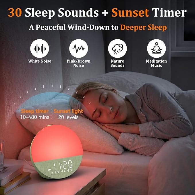 Wkzay Wake Up Sunrise Alarm Clock: 10-60 Minutes Simulate Sunrise for Gentle Wake Up - 20 Adjustable Brightness Bright Enough for Heavy Sleepers - Dual Alarms with Sound Machine