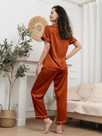 WJing Yi Jia Womens Pajamas Set XS-4XL Floral Silk Satin Pajama Sets Silky Pj Sets 2Pcs Loungewear Sleepwear Button Down Pjs