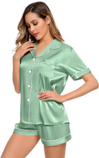 LecGee Womens Silk Satin Pajamas Short Sleeve Loungewear Two-Piece Sleepwear Button-Down Pj Set