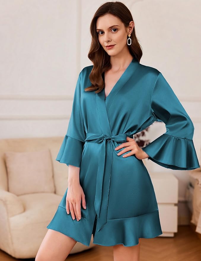 Ekouaer Women's Satin Robe Short Ruffle Hem Silky Robes Lightweight Kimono Brides Bathrobes Sleepwear XS-XXL