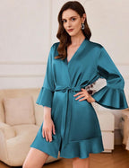Ekouaer Women's Satin Robe Short Ruffle Hem Silky Robes Lightweight Kimono Brides Bathrobes Sleepwear XS-XXL