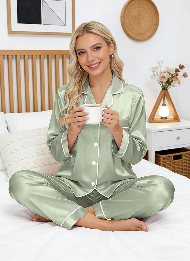 DOLOS Silk Satin Pajama Set for Women Short/Long Sleeve 2-Piece Silky Pajamas for Women Button Down Pjs Sleepwear Loungewear