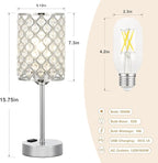Hong-in Crystal Table Lamp, Crystal Lamp Touch Control with USB-C USB-A Charging Ports & AC Outlets, 3 Way Dimmable Bedside Lamp-Nightstand Lamp Modern Light for Bedroom, Living Room, Bulb Included