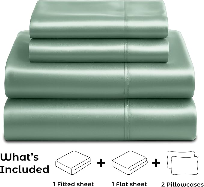 Satin Sheets California King [4-Piece, Champagne Green] Hotel Luxury Silky Bed Sheets - Extra Soft Microfiber Sheet Set, Wrinkle Resistant - Deep Pocket Fitted Sheet, Flat Sheet, Pillow Cases