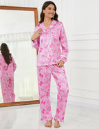SWOMOG Womens Silk Satin Pajamas Set Long Sleeve Button Down Sleepwear 2 Piece Lounge Set Pj Set XS-3XL