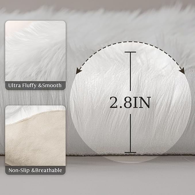 Ashler Faux Fur Rug, Fluffy Shaggy Area Rug Ultra Soft 5 x 7 Feet Rectangle Fur Rug White Fuzzy Rug Machine Washable Shag Rug, Nursery Decor Throw Rugs for Bedroom, Kids Room, Living Room
