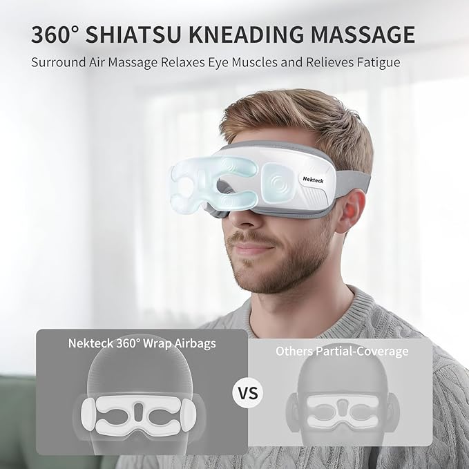 Nekteck Eye Massager with Heat, Birthday Gifts Eye Mask Massage for Migraine Relief, Heated Smart Migraine Massager to Reduce Strain, Dry Eyes, Sleep Relaxation, Bluetooth Music, Ideal for Her Him