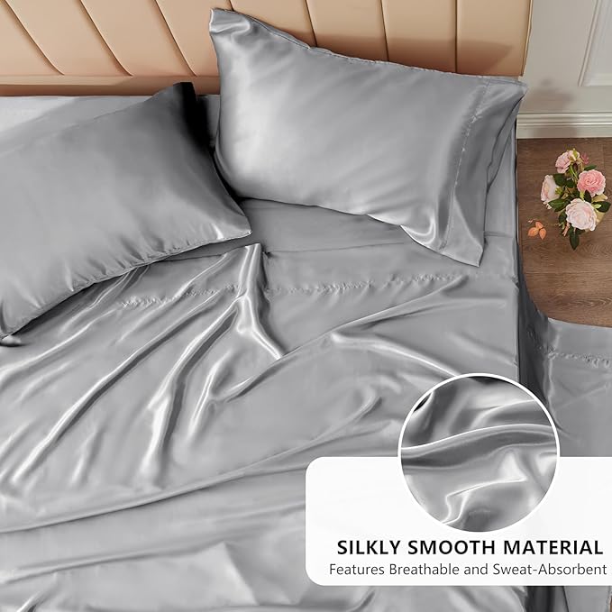 CozyLux Satin Sheets Queen Size Bed Set - 6 Piece Silky Queen Sheet Set, Luxury Light Grey Queen Sheets with Smooth and Soft Microfiber, Includes 1 Fitted Sheet, 1 Flat Sheet and 4 Pillowcases