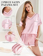 Silk Pajamas for Women Short Sleeve Satin 2 Piece Pj Set Soft V Neck Sleepwear Loungewear, S-XXL