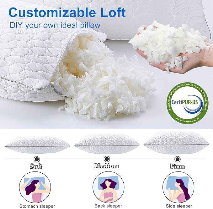 Cooling King Size Pillows Set of 2, Shredded Memory Foam Pillows, Adjustable Firm Bed Pillows Cool Cold Pillow for Hot Side Back Stomach Sleepers with Removable Washable Cover, 20" x 36", White