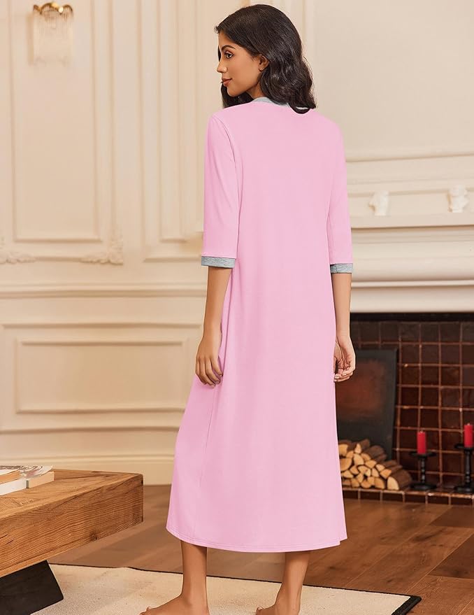 Ekouaer Women's Zipper Robe 3/4 Sleeves Housecoat Full Length Nightgown Soft Loungewear Robe with Pockets S-3XL