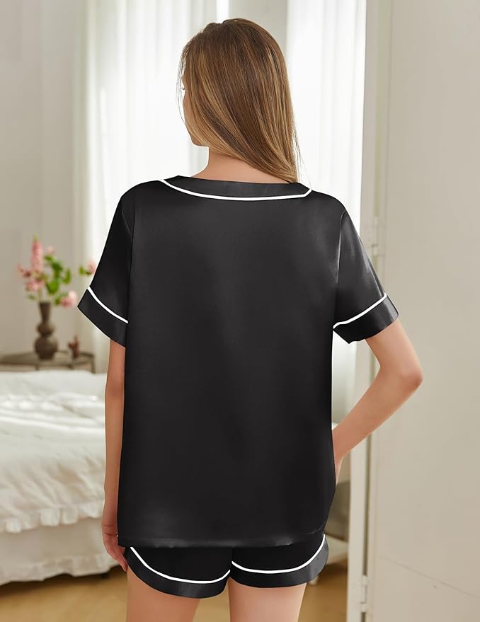 Silk Pajamas for Women Short Sleeve Satin 2 Piece Pj Set Soft V Neck Sleepwear Loungewear, S-XXL