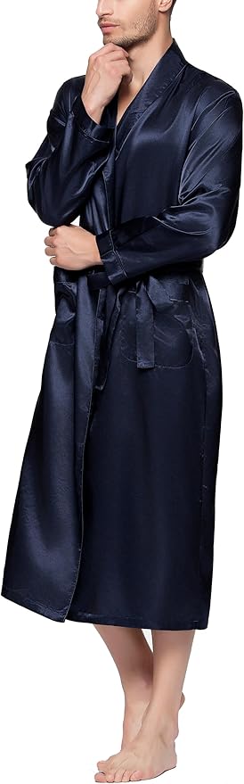 Lavenderi Mens Silky Satin Lounge Robe, Long Lightweight Sleepwear