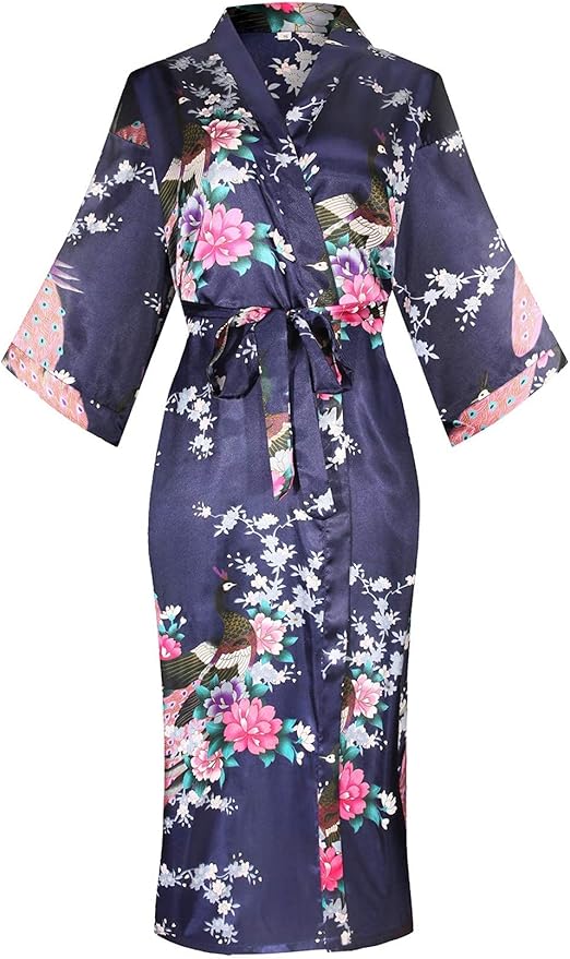 Valennia Women Long Silky Bathrobe Satin Kimono Robe Floral Printed Dressing Gown Sleepwear