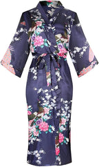 Valennia Women Long Silky Bathrobe Satin Kimono Robe Floral Printed Dressing Gown Sleepwear