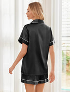 Ekouaer Womens Silk Satin Pajama Sets Soft Short Sleeve Button Down Sleepwear Top and Shorts 2 Piece Pjs Lounge Set