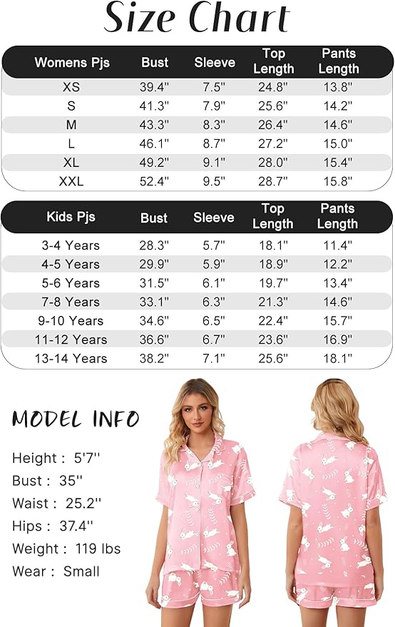 Girls & Womens Satin Pajamas Set, Silk Button-Down Sleepwear 2 Piece Nightwear, 3 Years - Women XXL