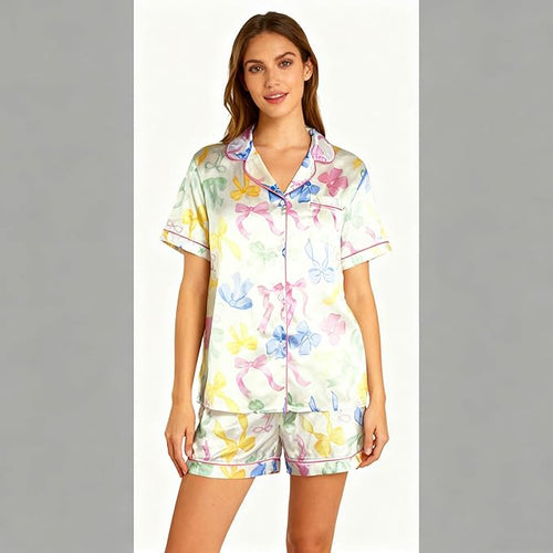 ASTANFY Silk Satin Pajama Set Womens Silk Satin 2 Piece Pjs Shorts Sleepwear Christmas Button Down Shirt Bride Pj Lounge Sets